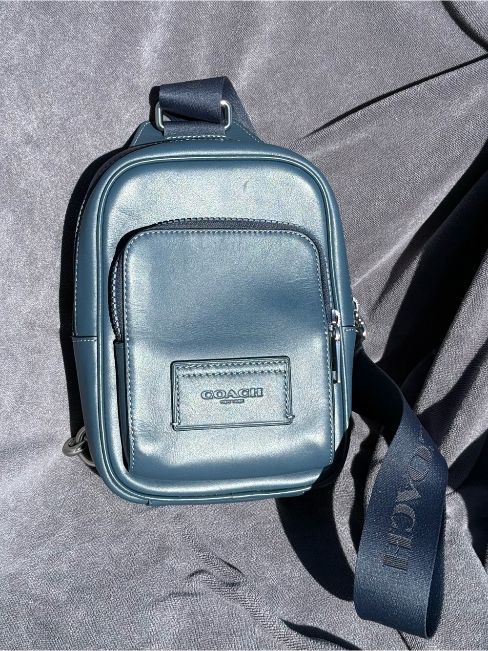 COACH Racer Sling Pack In Smooth Leather in Dark Denim Blue with Silver Hardware